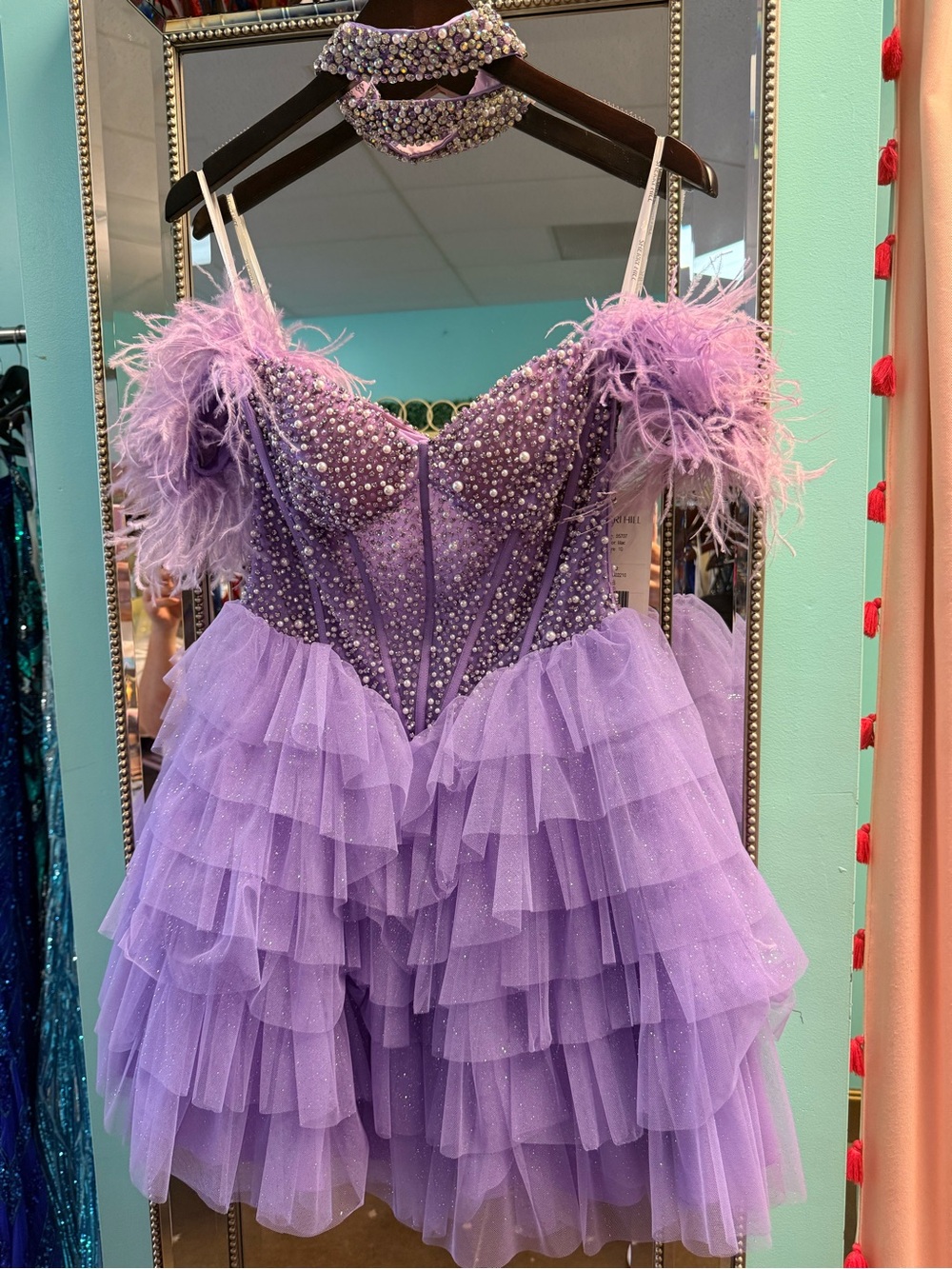 NWT Sherri Hill 55707 Lilac Ruffled Tulle HOCO Party Dress w/choker MSRP $798